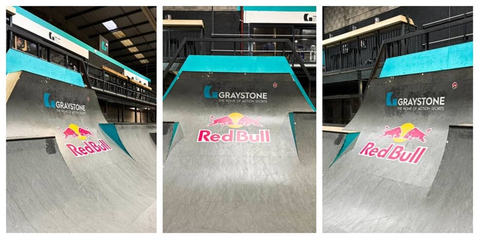 An image of the temporary indoor Red Bull skate park graphics.